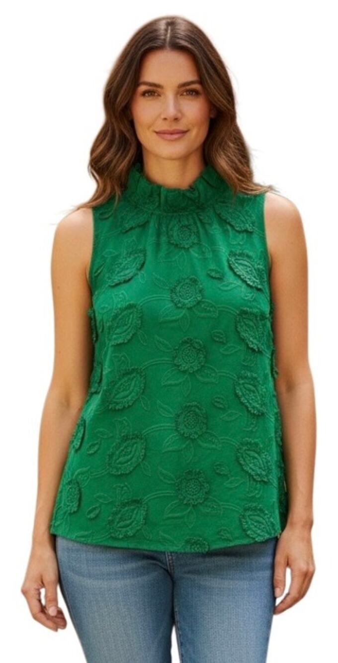 Abbey Glass Barbara Green Eyelash Floral Ruffle Neck Top 3-D Size XS